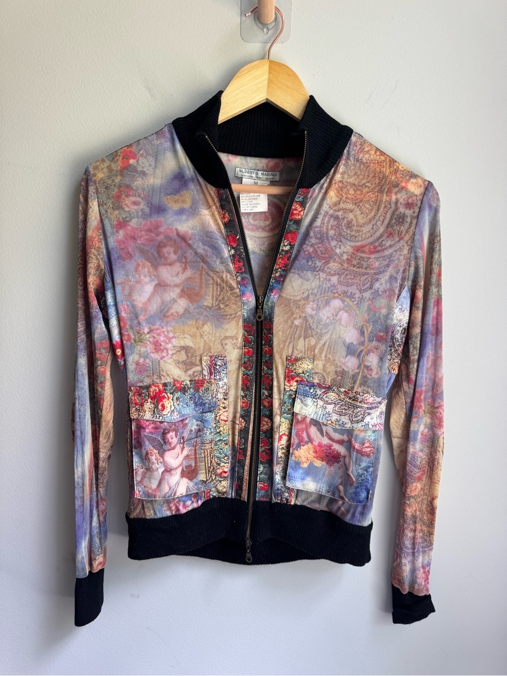Alberto Makali Pastel Cherub Print Bomber Jacket with Black Trim